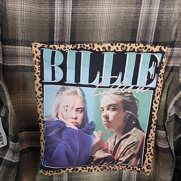 Old Navy Upcycled Billie Ellish  Flannel Hoodie. New with tag. Size Large - Picture 4 of 5